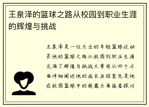 王泉泽的篮球之路从校园到职业生涯的辉煌与挑战